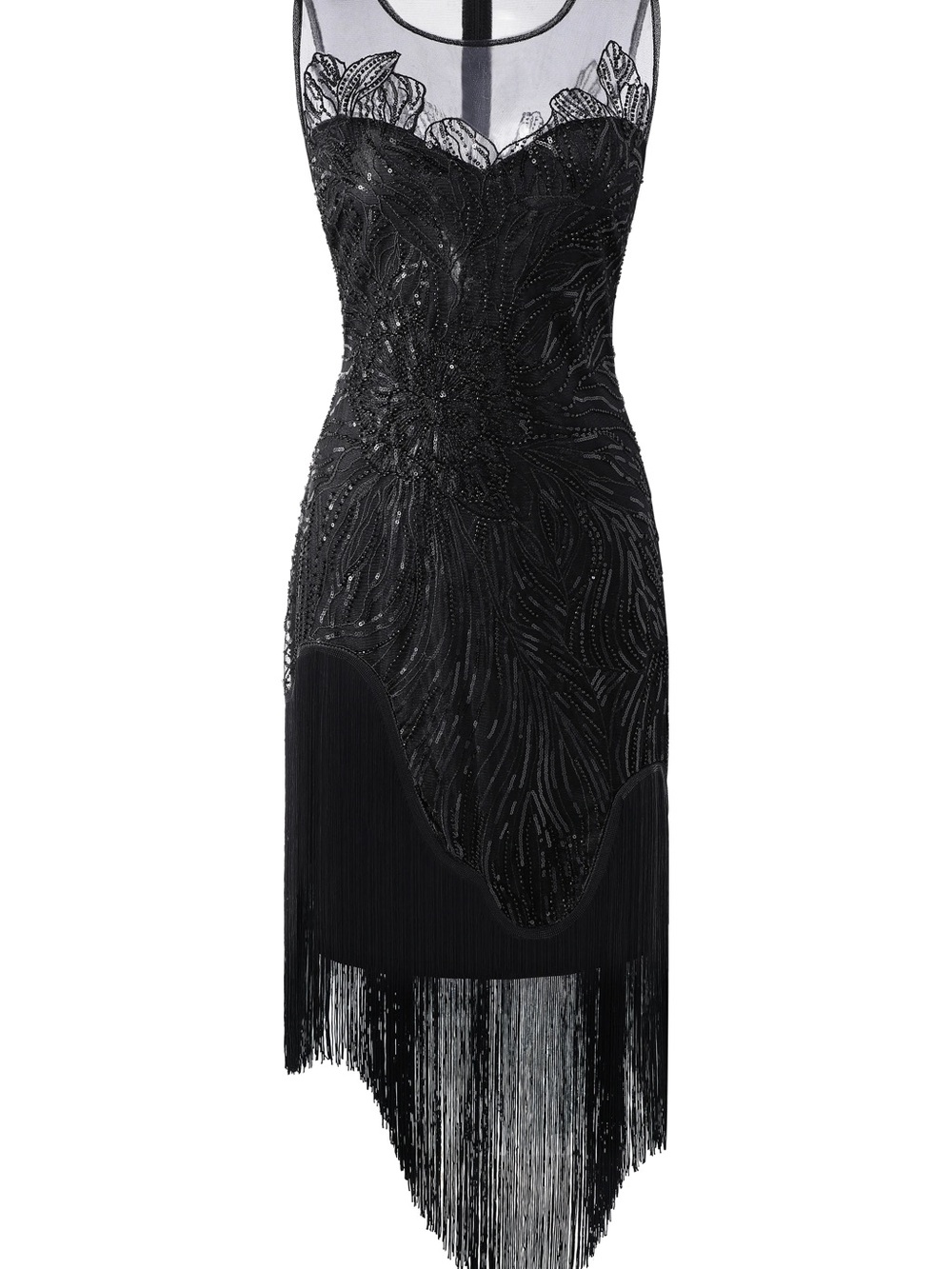 Black Beaded High-Low Fringe Cocktail Dress
